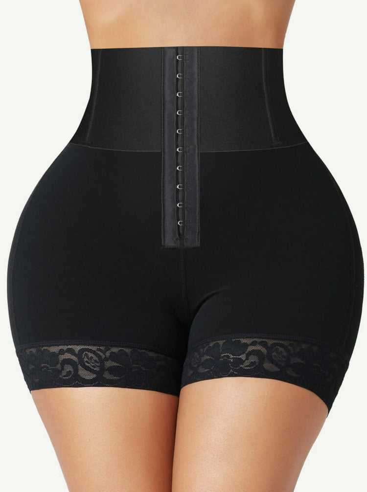 High-waisted shaping shorts with lace trim, smooth waist support, and full coverage for all-day comfort