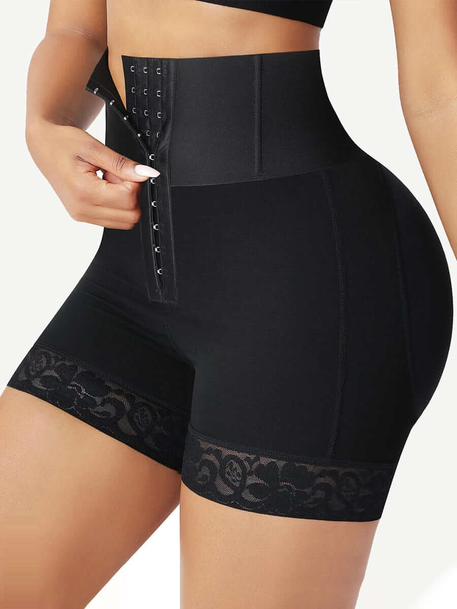 High-waisted shaping shorts with lace trim and front hooks, black mid-thigh shapewear for smooth tummy control