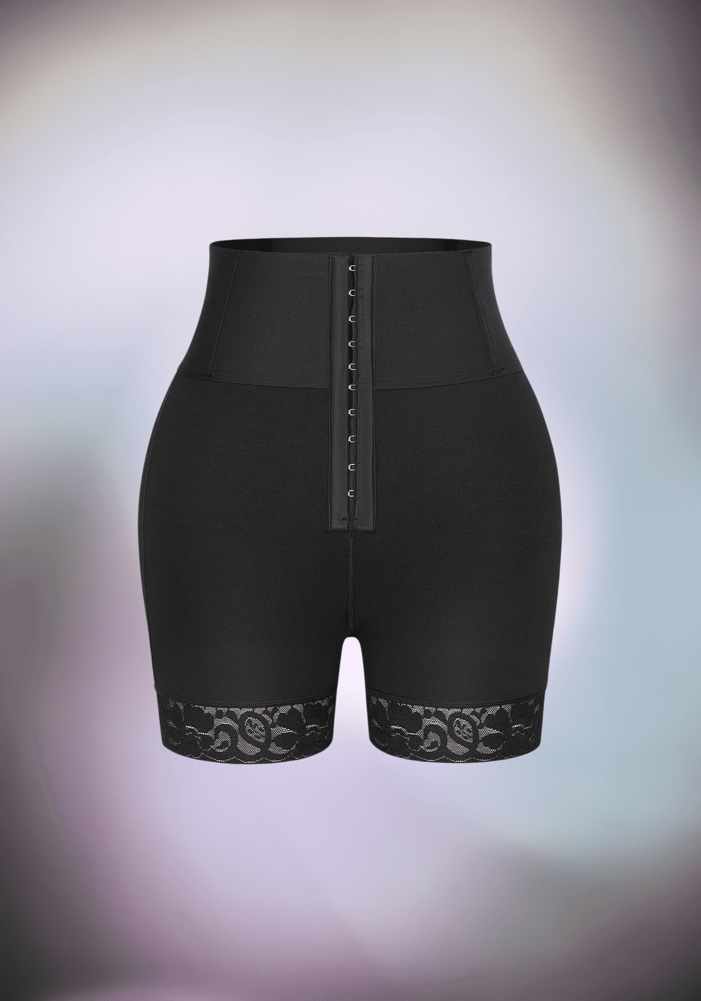High-waisted shaping shorts black mid-thigh shaper with lace hem and front hook closure for smoothing support