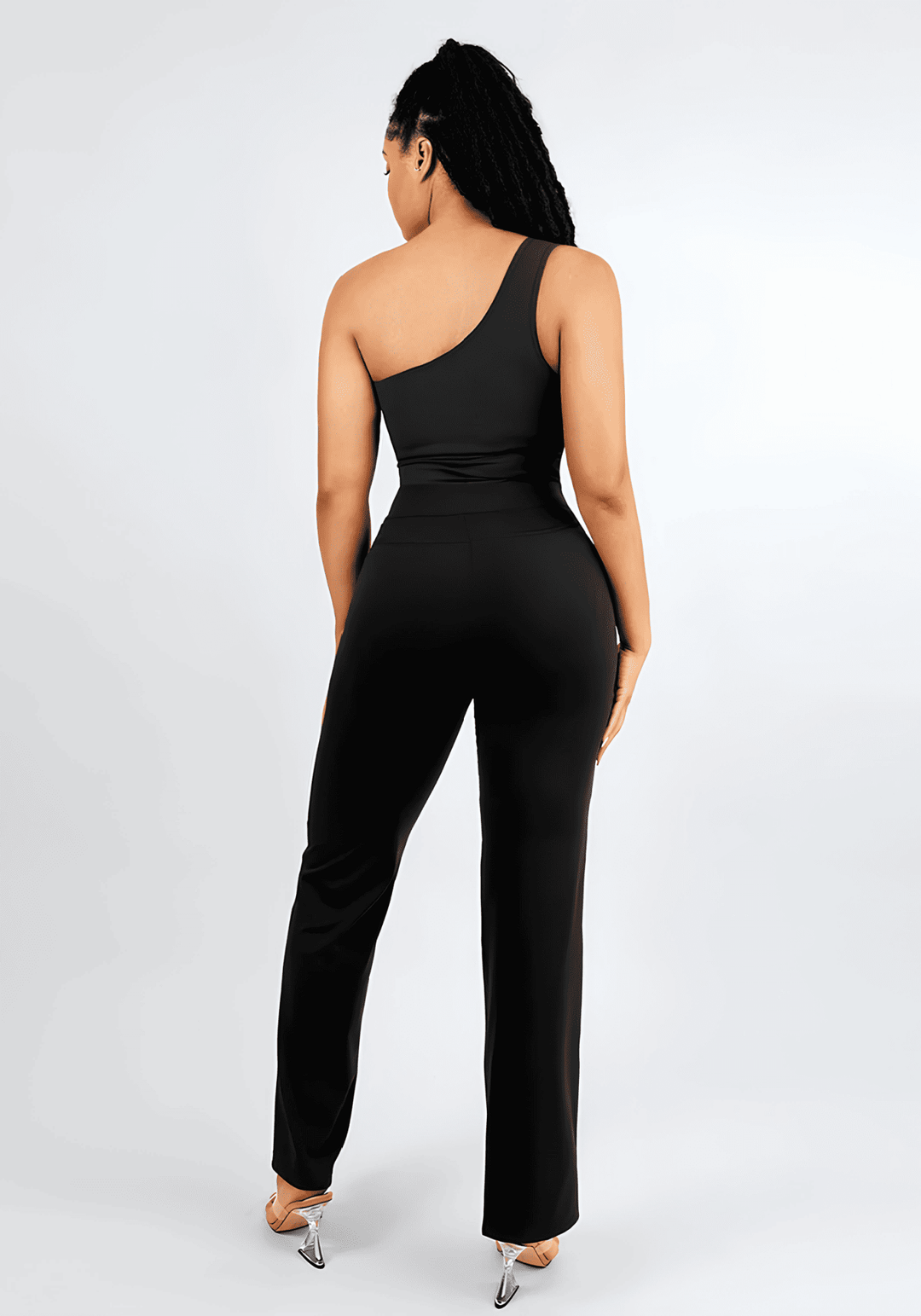 high-waisted straight leg pants, black one-shoulder sculpting style with a sleek straight-leg fit and polished silhouette