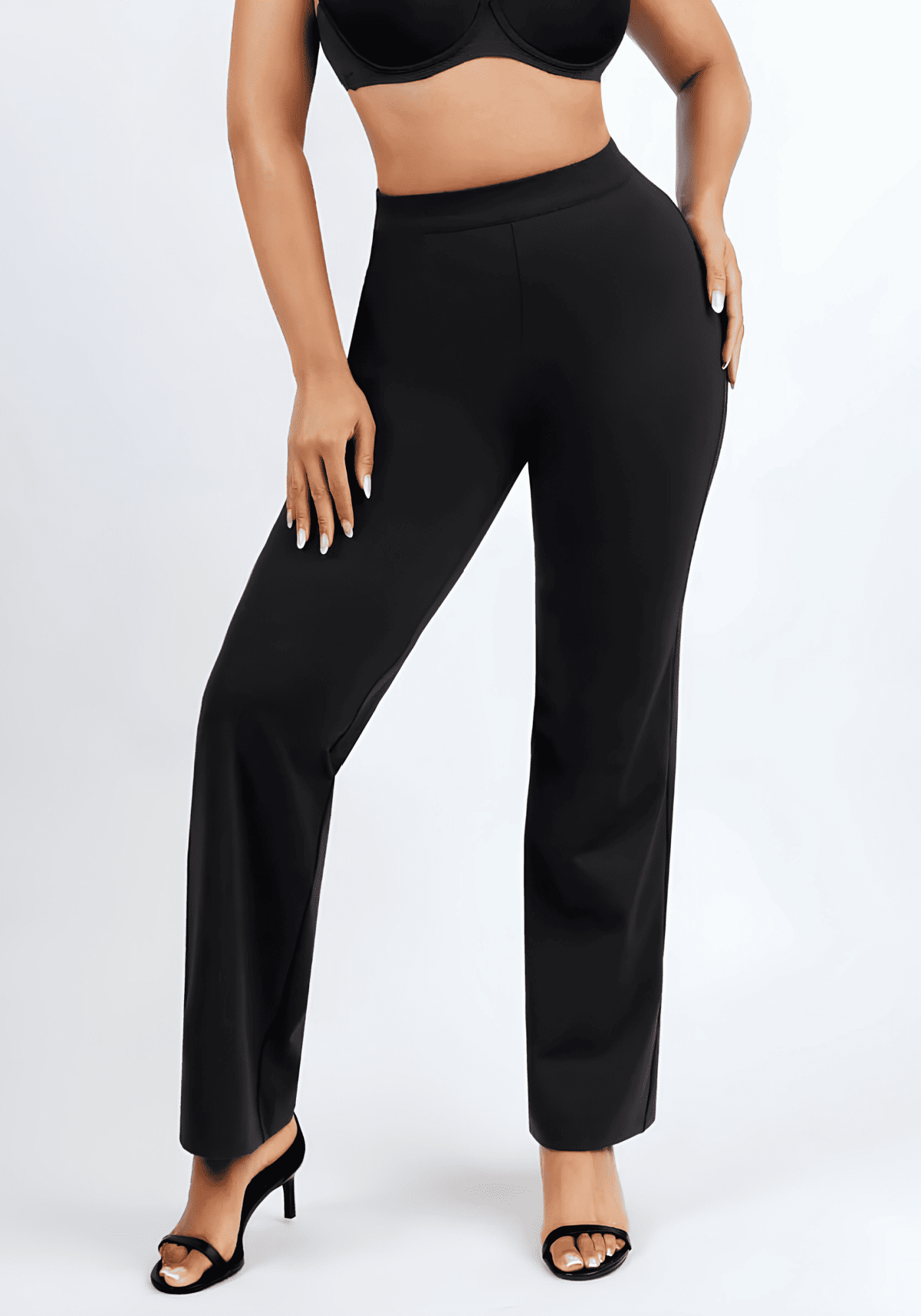 high-waisted straight leg pants in black, sculpting fit with wide waistband and polished straight silhouette