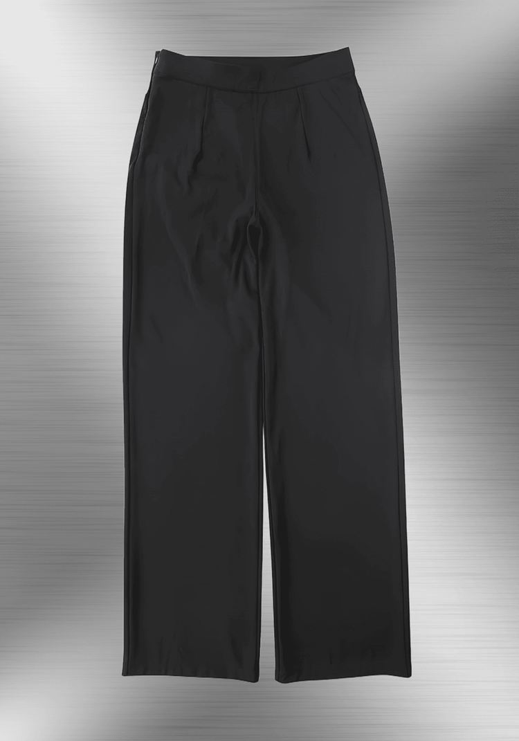 high-waisted straight leg pants in black Roman fabric with sculpting fit and wide-leg silhouette for polished everyday wear