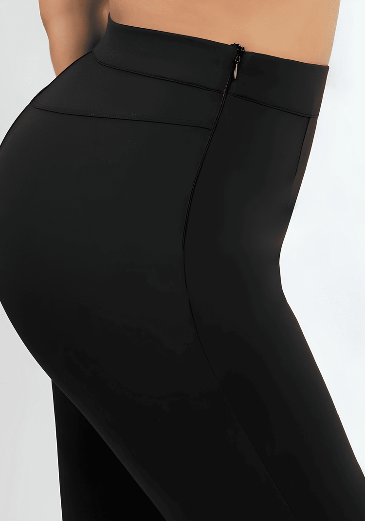 high-waisted straight leg pants in black Roman fabric with sculpting fit and wide waistband