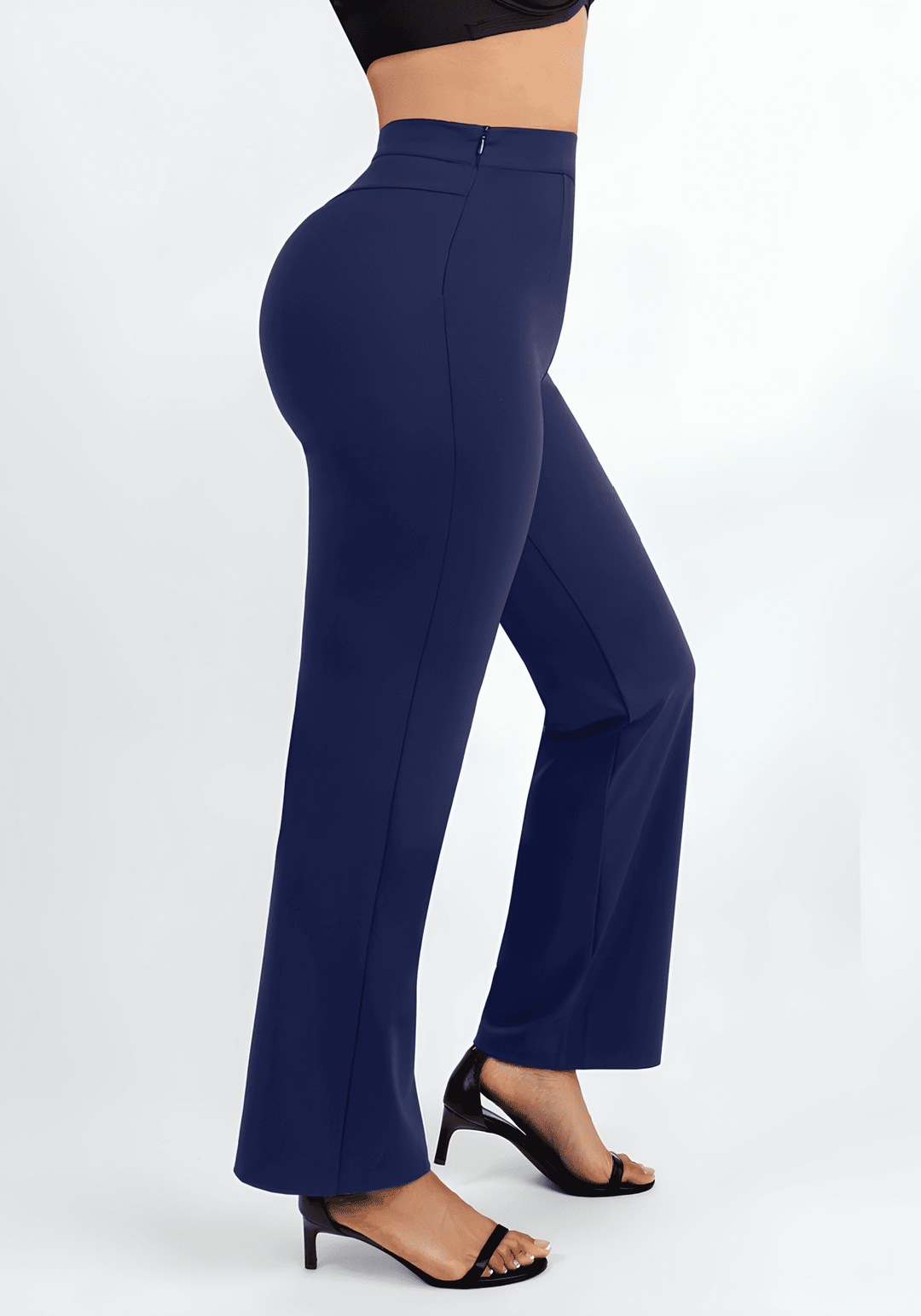 high-waisted straight leg pants in navy, sculpting silhouette with polished fit and comfortable support