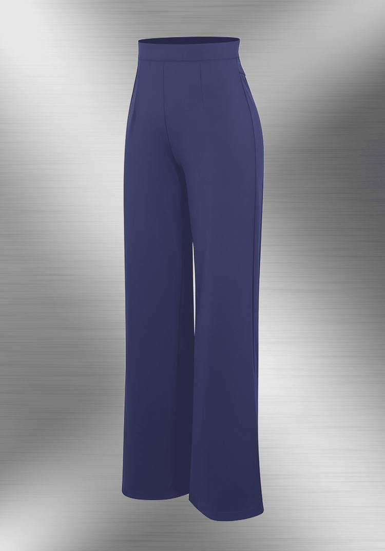 high-waisted straight leg pants in navy blue, tailored high-rise silhouette with sleek straight fit for polished everyday wear
