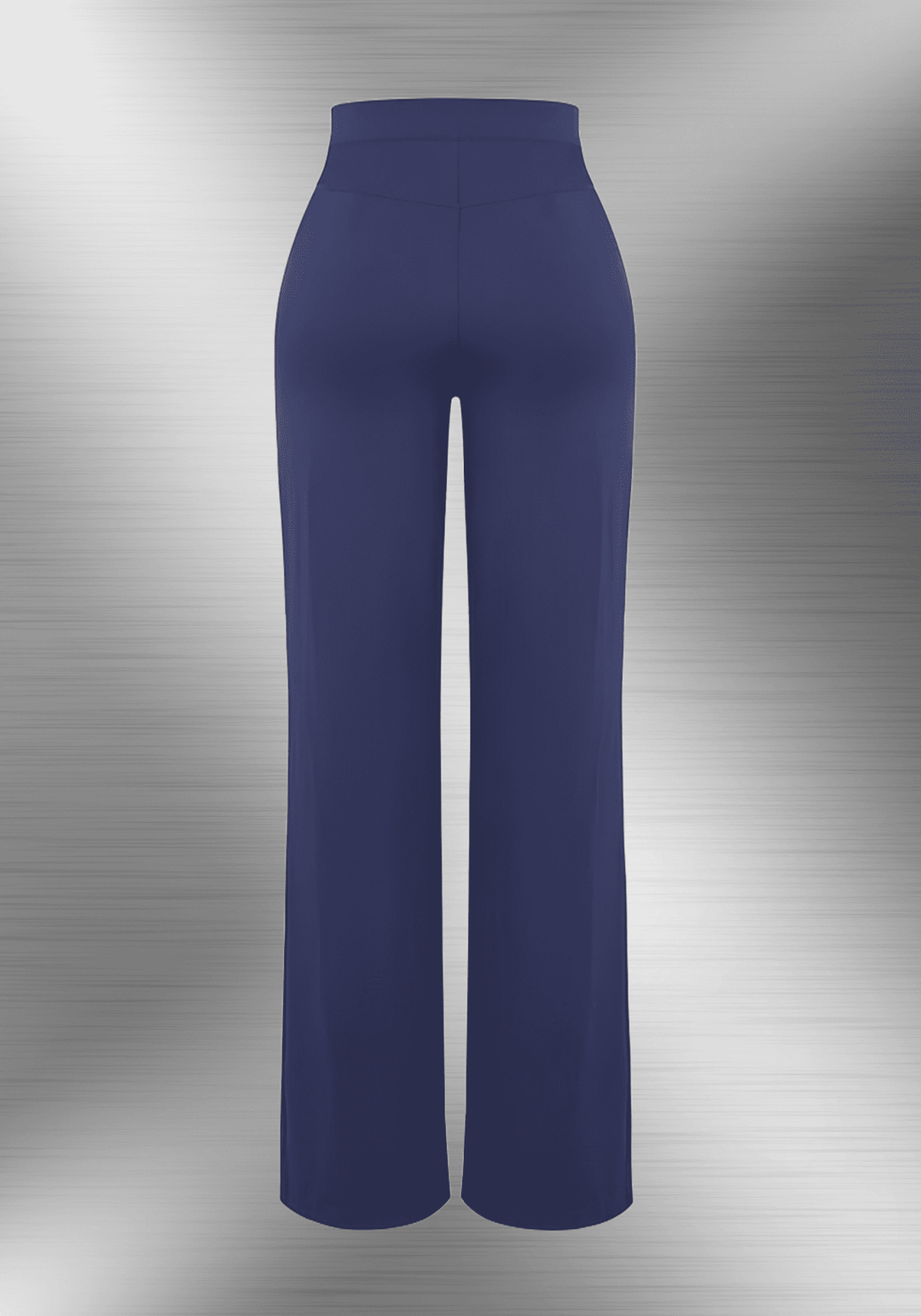 high-waisted straight leg pants in navy, sculpting high-rise fit with wide-leg silhouette and smooth structured fabric