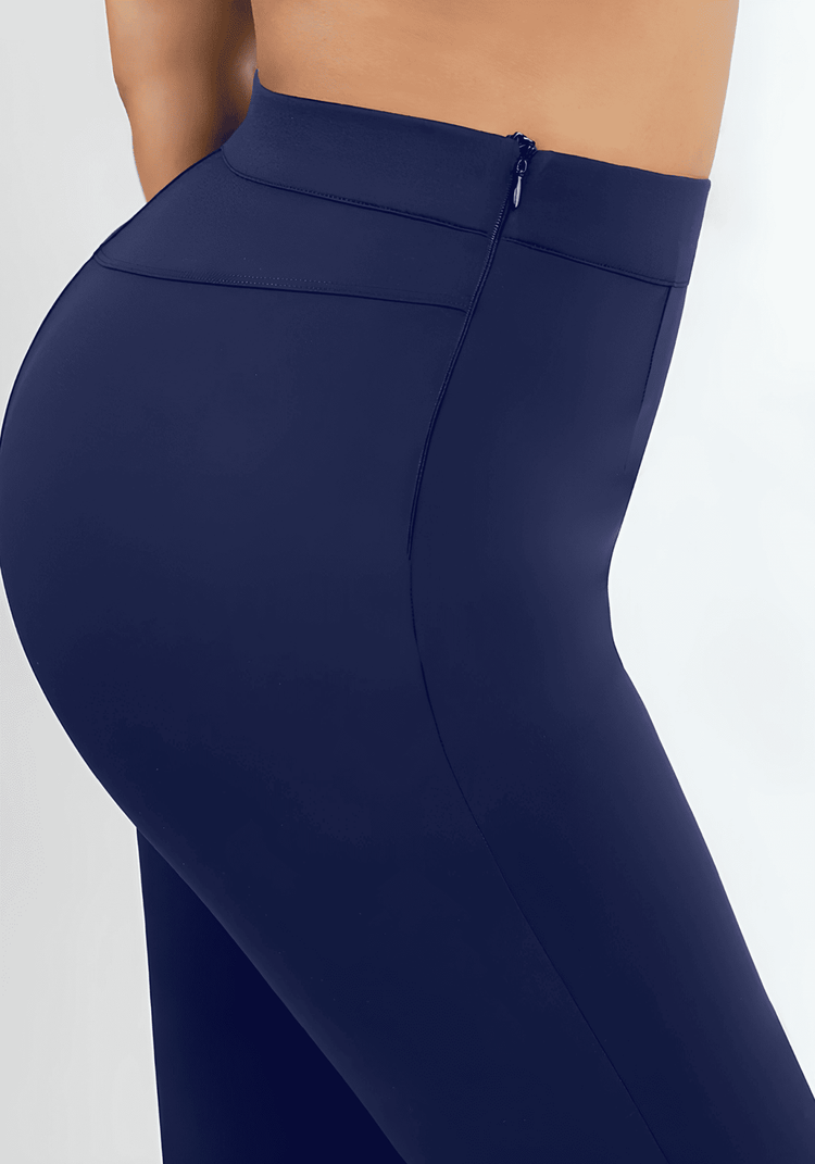 high-waisted straight leg pants in navy Roman fabric with sculpting high-rise fit and built-in shaping shorts