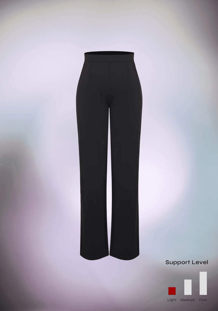 high-waisted straight leg pants in black with sculpting fit and support level indicator for everyday wear