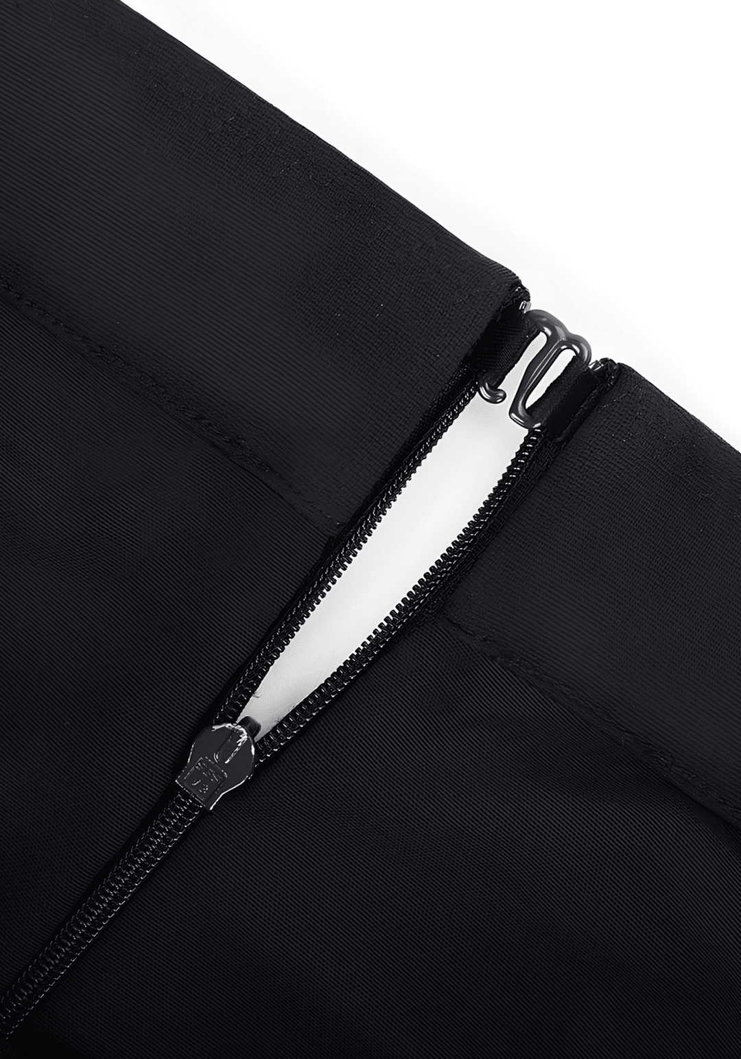 high-waisted straight leg pants with sculpting fit, front zipper detail, and built-in support in black Roman fabric