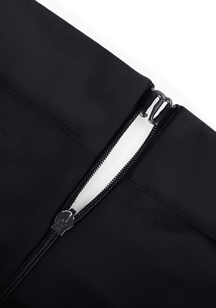 high-waisted straight leg pants with sculpting fit, front zipper detail, and built-in support in black Roman fabric
