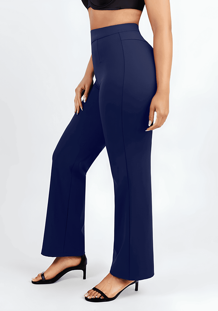 high-waisted straight leg pants in navy, sculpting fit with polished silhouette and wide-leg finish