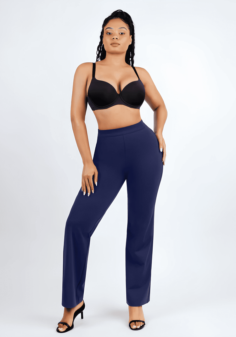 high-waisted straight leg pants with built-in shaping shorts and a sleek polished fit for everyday wear