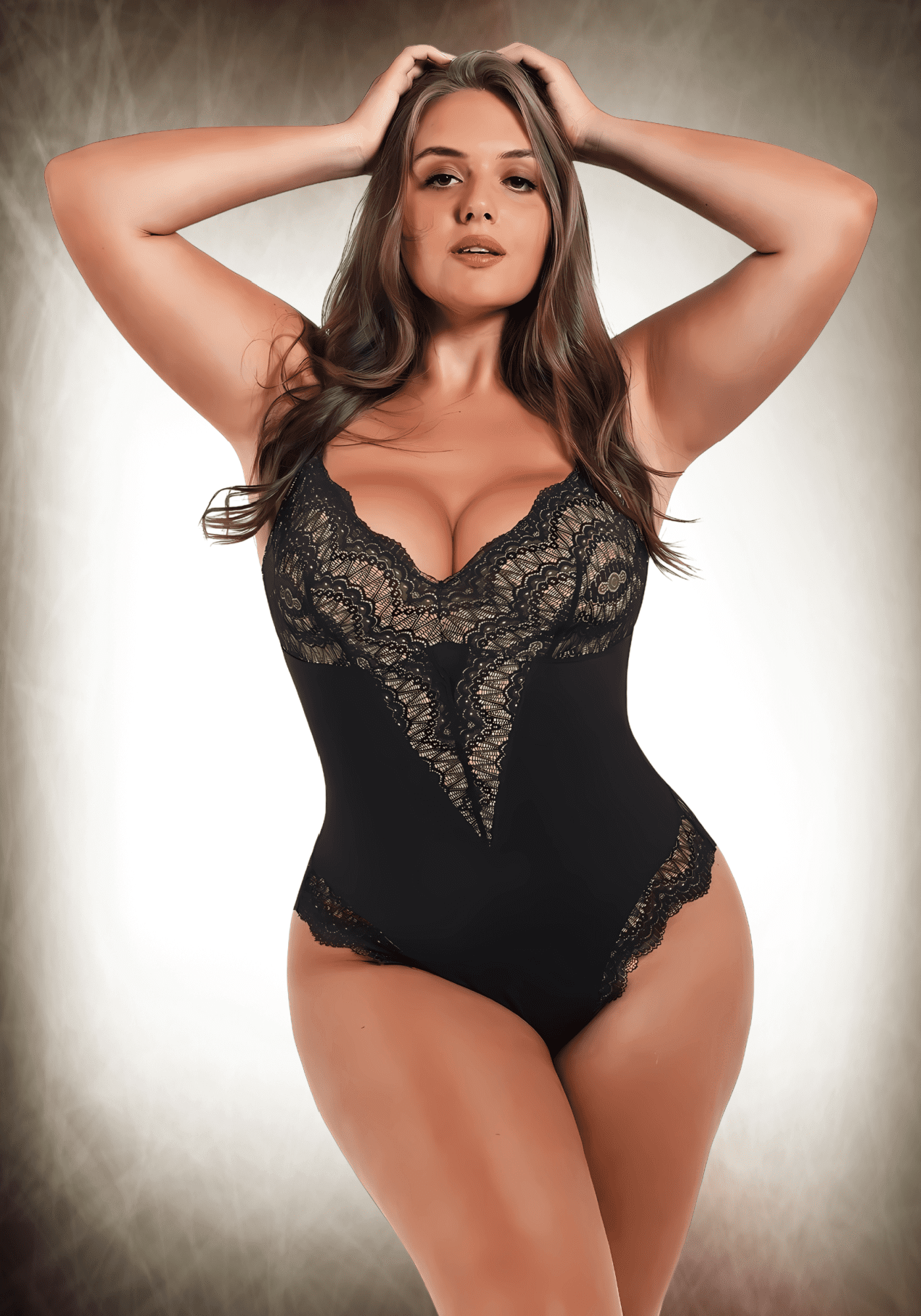 lace bodysuit with front lace panelling, low-back styling, and slimming compression for a flattering fit