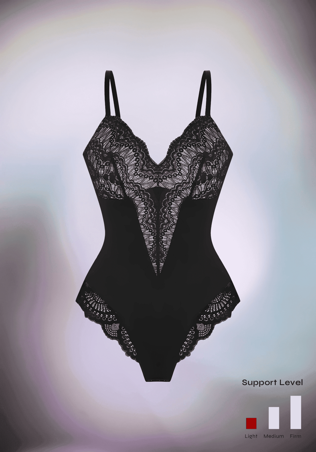 Black lace bodysuit with front lace panel, low-back design, and slimming compression for a flattering fit