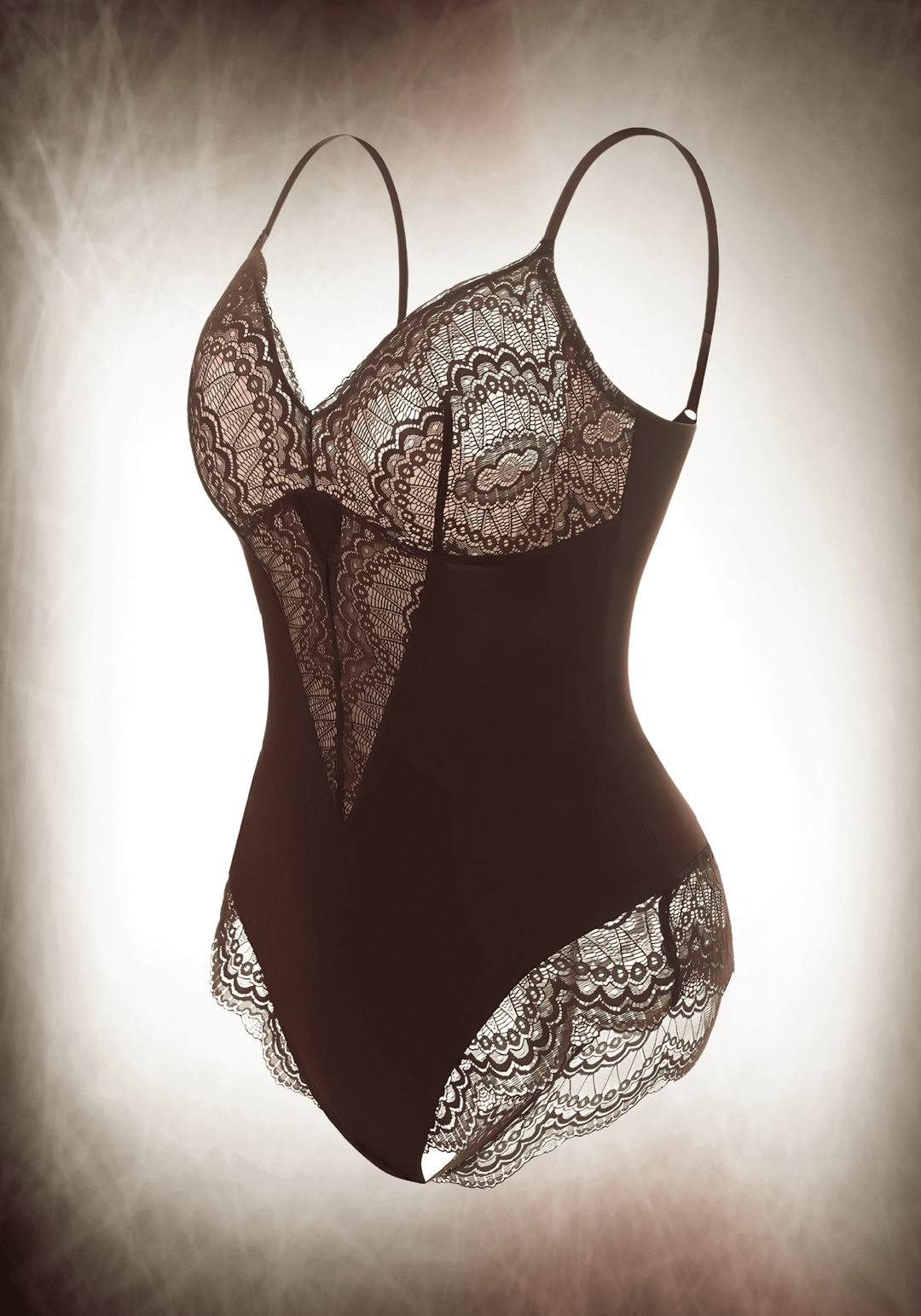 Lace bodysuit with front lace panelling, low-back design, and slimming fit for a sexy, versatile silhouette.