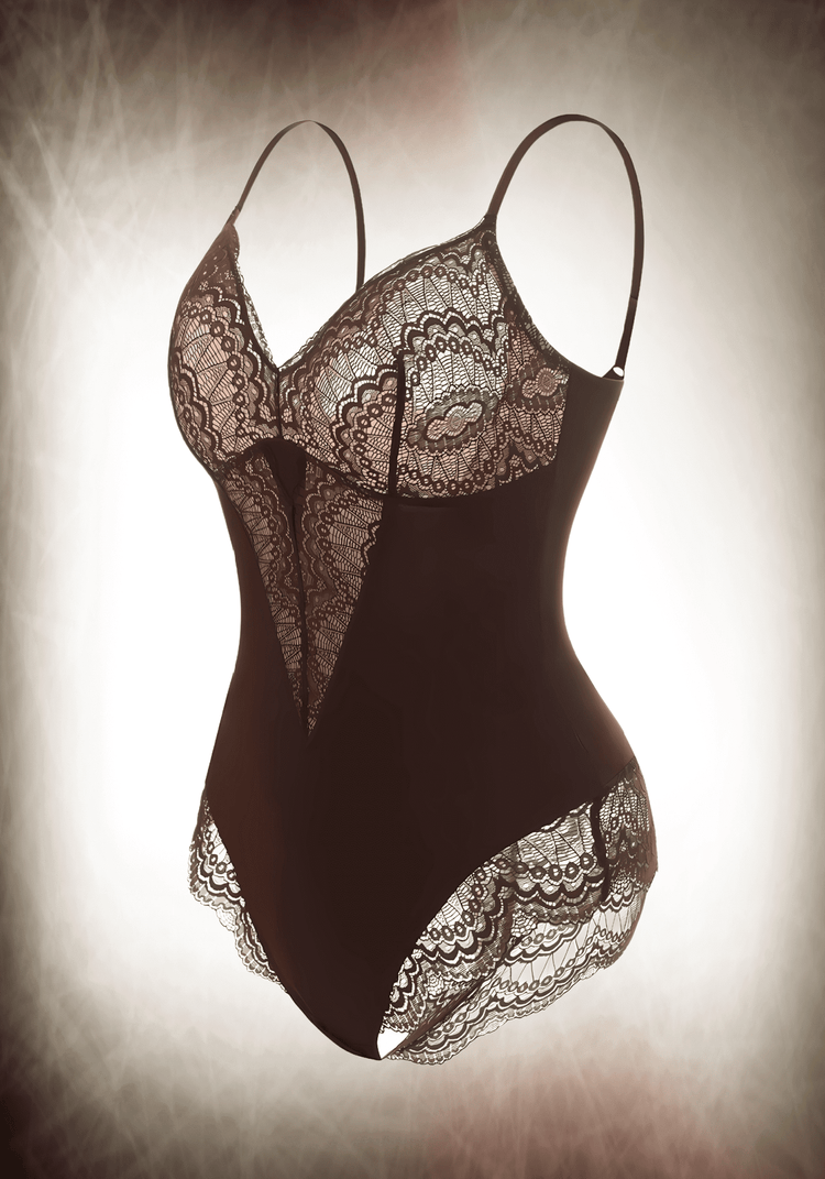 Lace bodysuit with front lace panelling, low-back design, and slimming fit for a sexy, versatile silhouette.