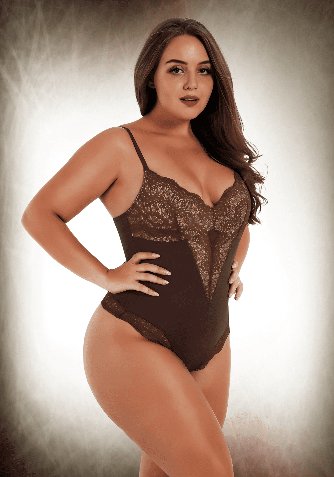 Sexy lace bodysuit with front lace panelling, low-back styling, and slimming compression for a flattering fit