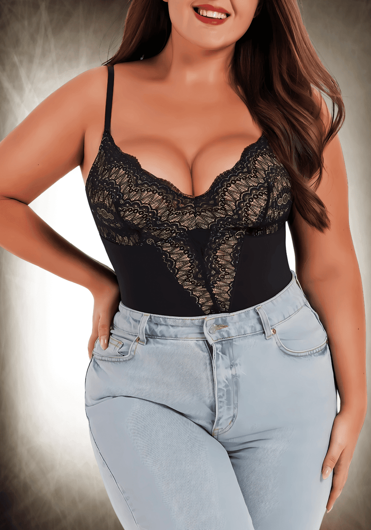Black lace bodysuit with front lace panel and low-back styling, styled with light jeans for a sleek, versatile look
