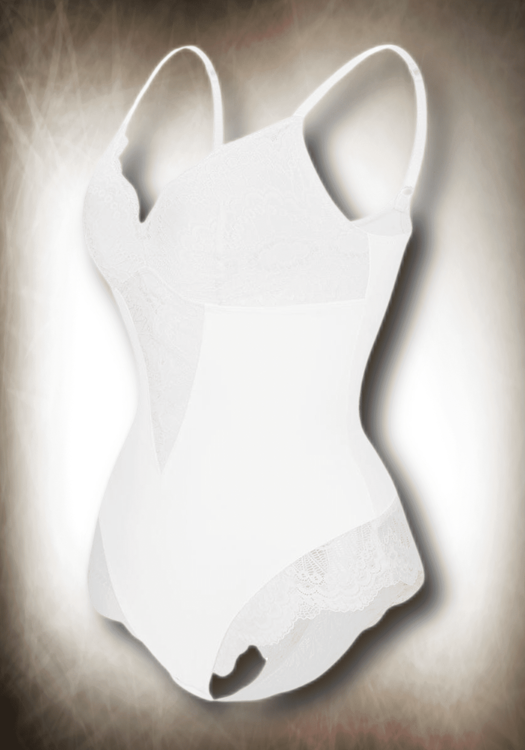 White lace bodysuit with front lace panel, low-back styling, and slimming compression for a sleek, versatile fit.
