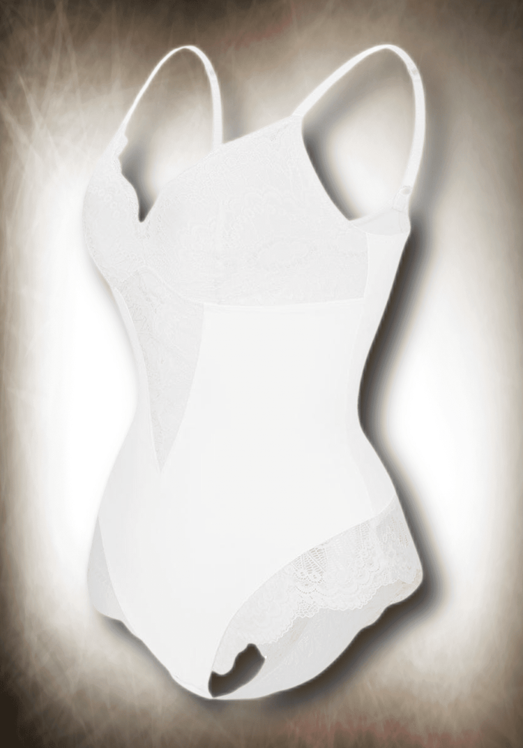 White lace bodysuit with front lace panel, low-back styling, and slimming compression for a sleek, versatile fit.