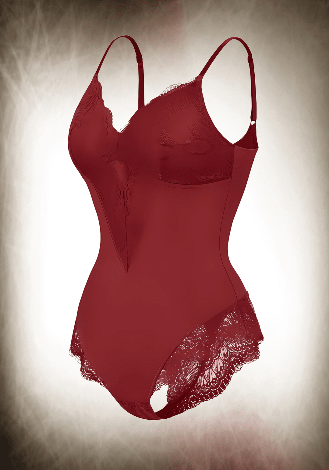 Red lace bodysuit with low-back styling, slimming compression, and front lace panelling for a sleek, versatile fit