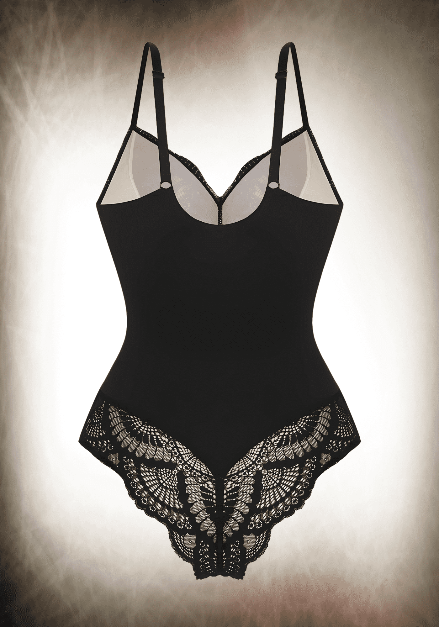 Black lace bodysuit with sheer panels, low-back design, and slimming fit for versatile styling