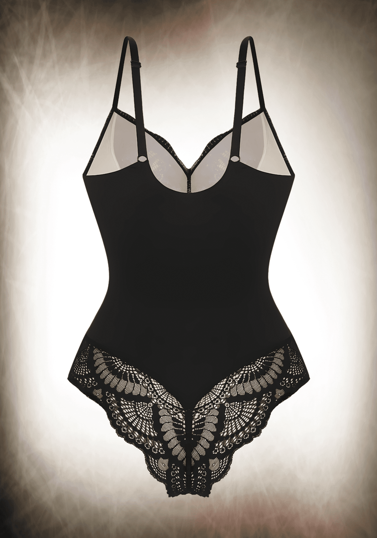 Black lace bodysuit with sheer panels, low-back design, and slimming fit for versatile styling