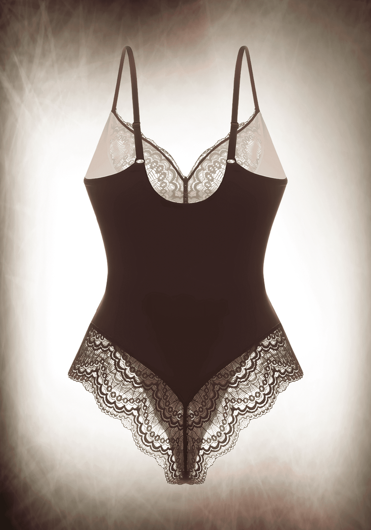Elegant lace bodysuit with lace panelling, low-back styling, and slimming tummy cutout for a flattering fit