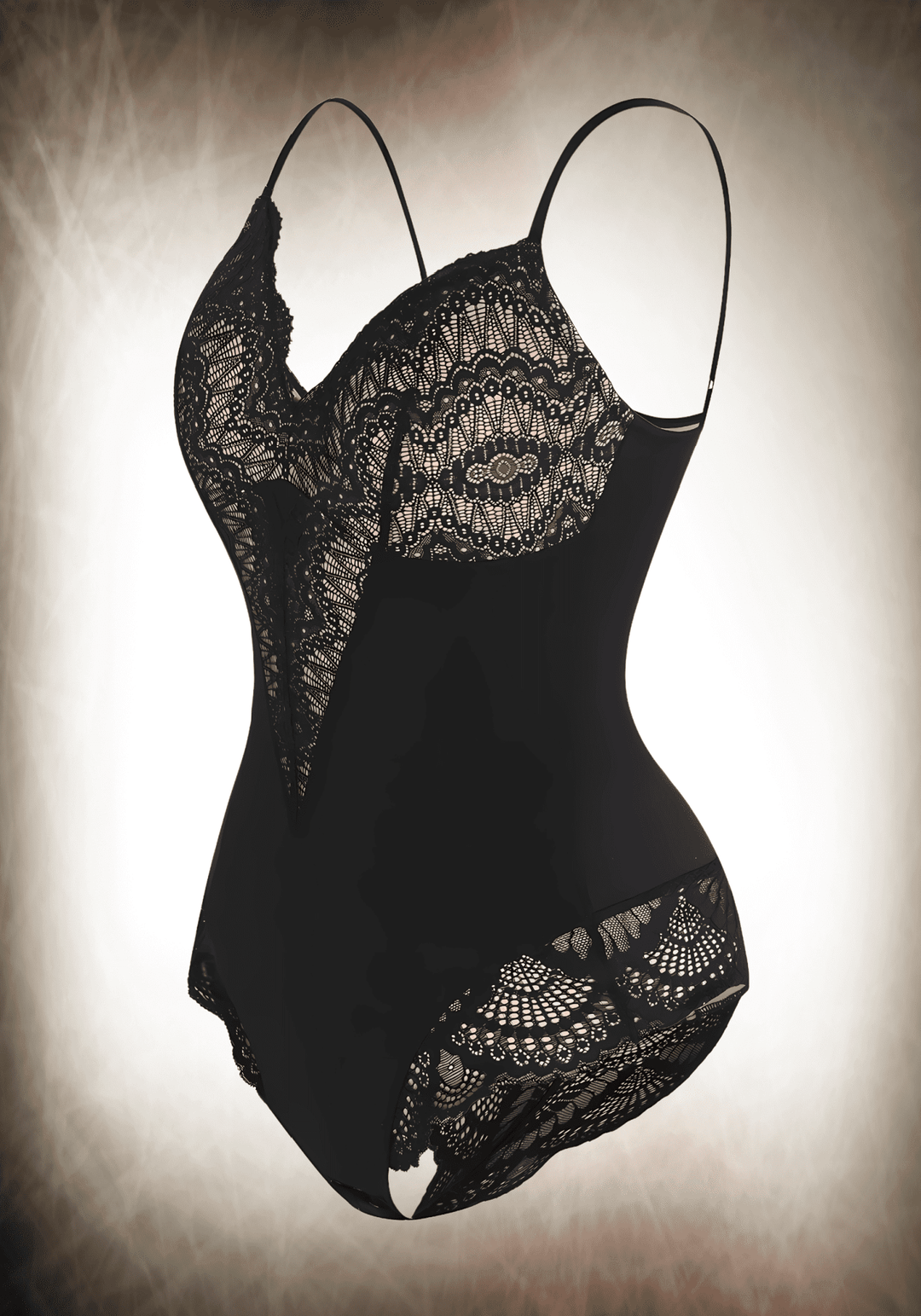 Sexy black lace bodysuit with front lace panelling, low-back styling, and slimming compression for a flattering fit