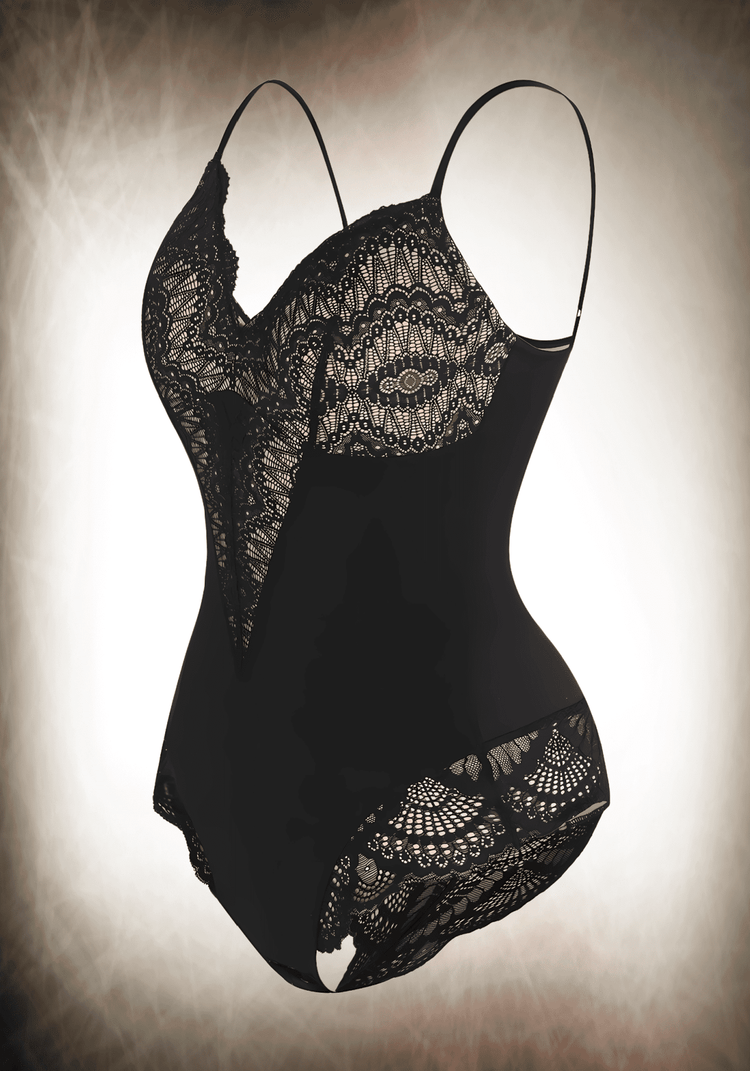 Sexy black lace bodysuit with front lace panelling, low-back styling, and slimming compression for a flattering fit