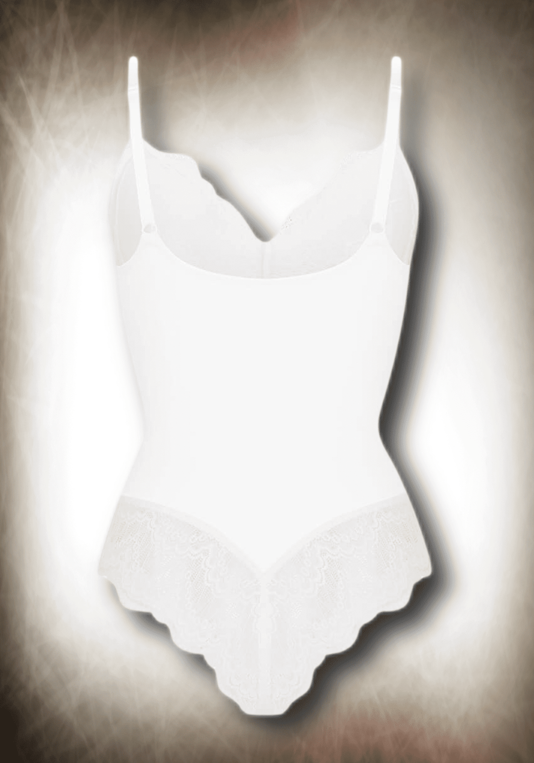 White lace bodysuit with built-in slimming compression, low-back design, and flattering tummy cutout for versatile styling