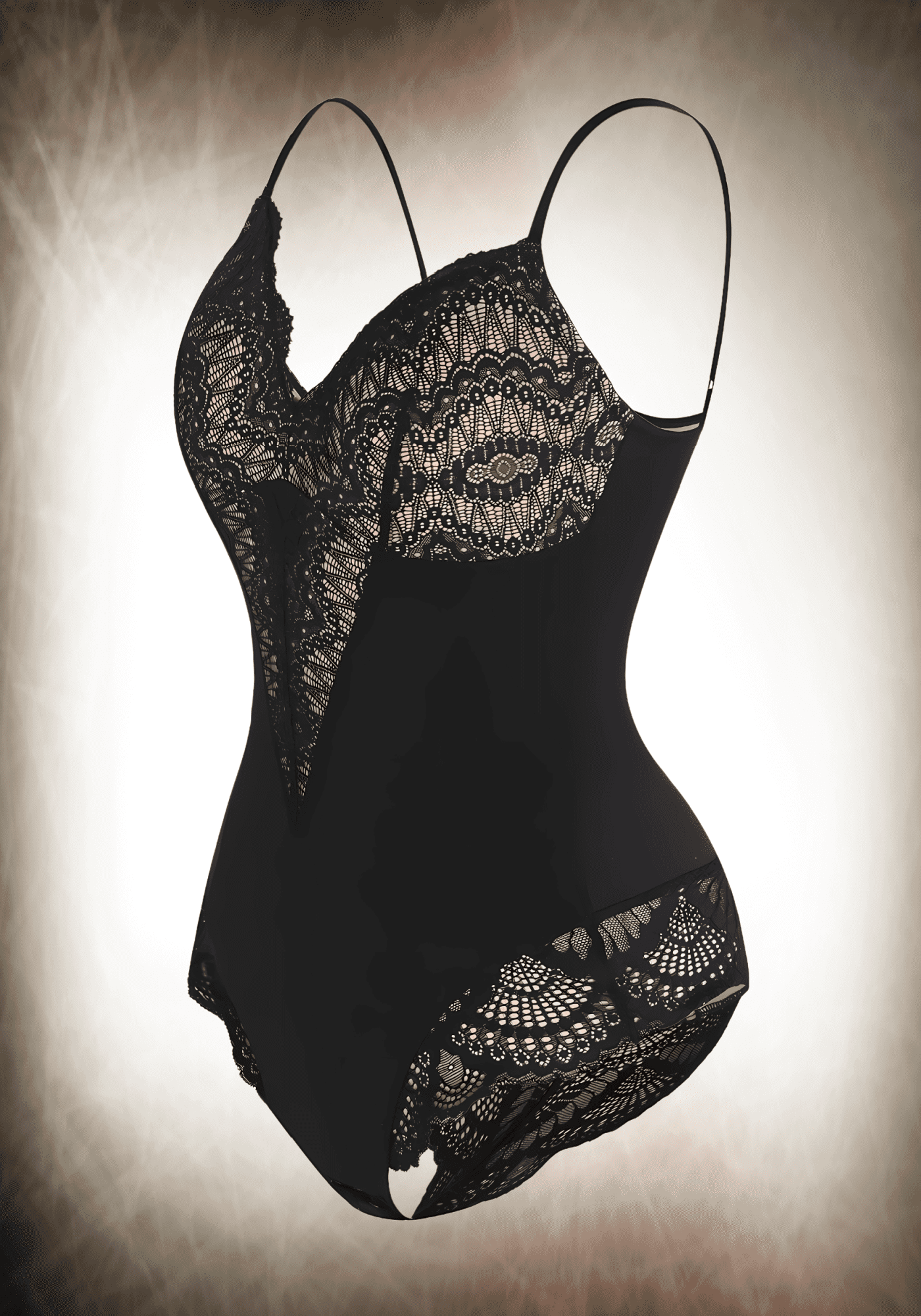 Sexy black lace bodysuit with front lace panelling, low-back styling, and slimming compression for a flattering fit