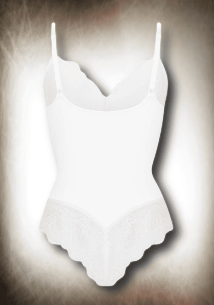 White lace bodysuit with built-in slimming compression, low-back design, and flattering tummy cutout for versatile styling