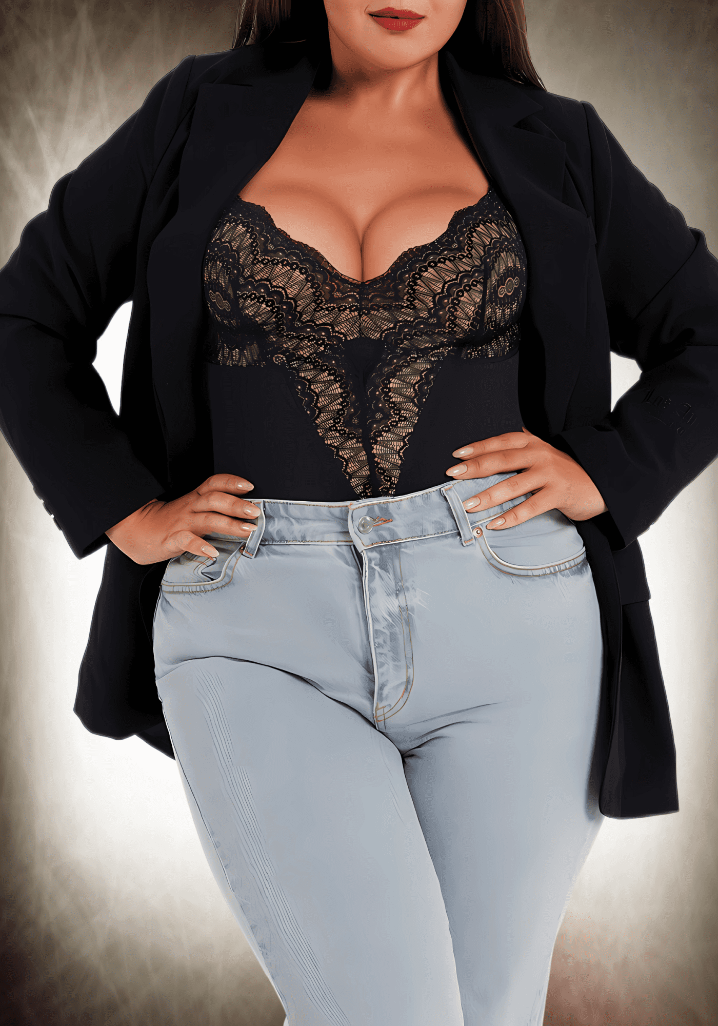 Plus-size lace bodysuit with black blazer and light jeans, featuring low-back styling and slimming lace front panels