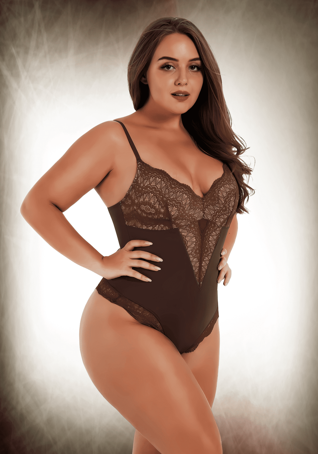 Sexy lace bodysuit with front lace panelling, low-back styling, and slimming compression for a flattering fit