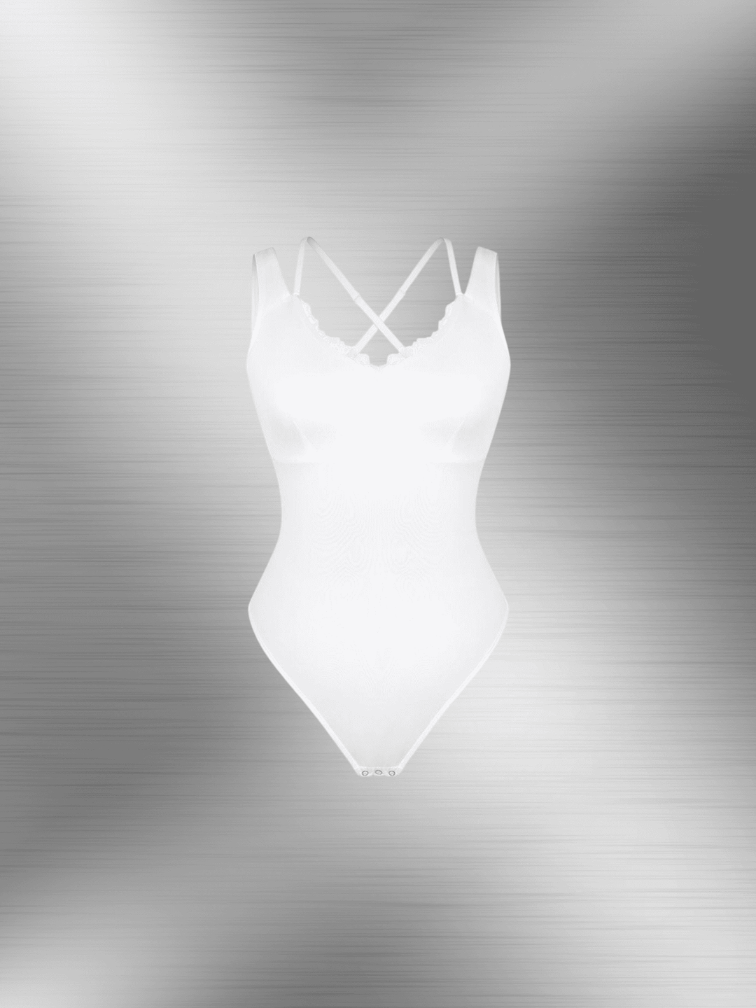 lace V-neck shaping bodysuit with T-back thong design, white seamless shapewear for waist and abdomen support