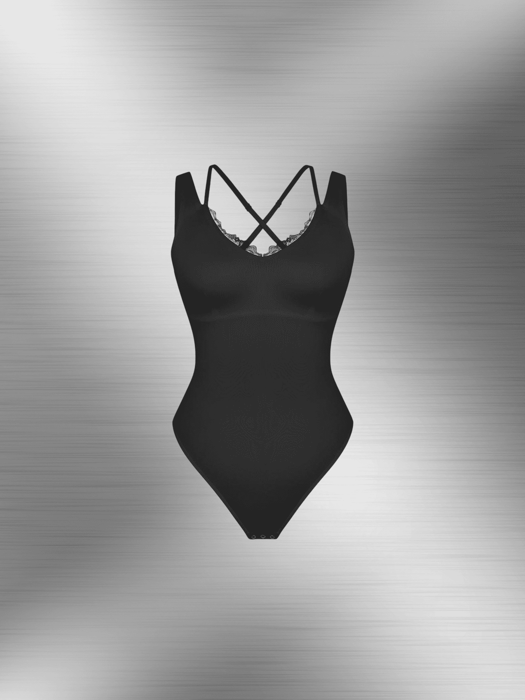 lace V-neck shaping bodysuit black thong T-back shapewear with lace trim and slim-fit waist control