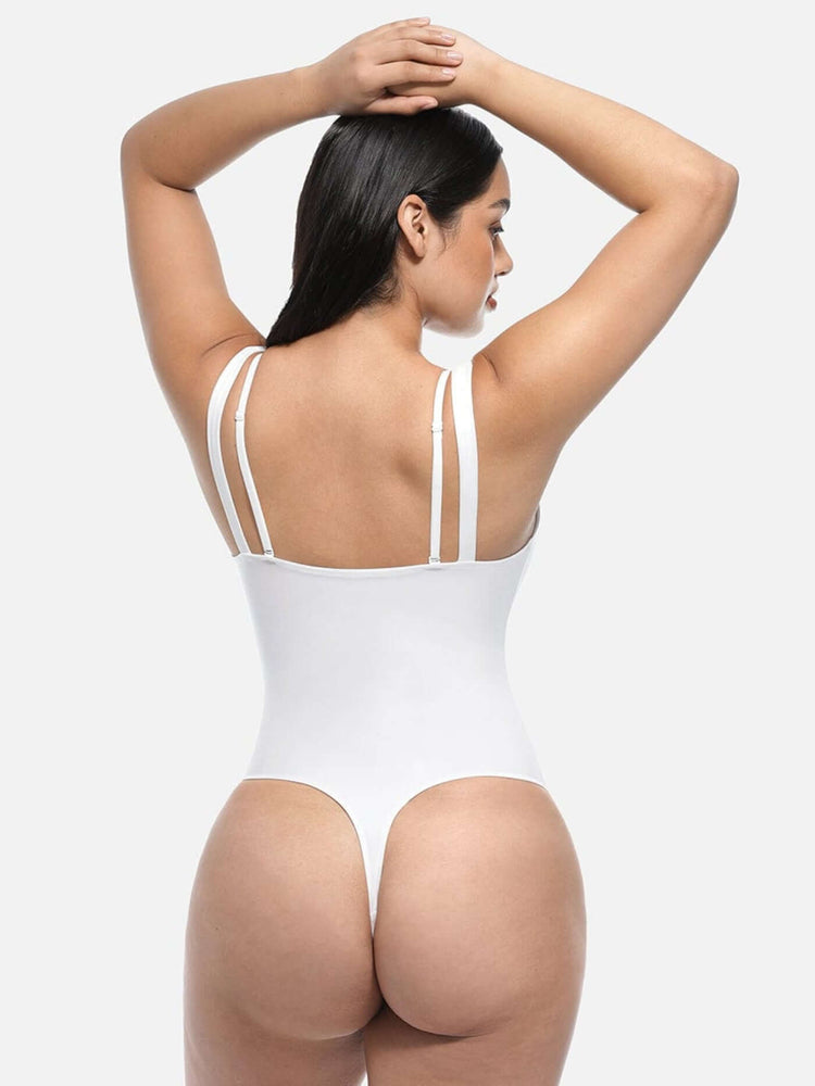 lace V-neck shaping bodysuit white thong back seamless shapewear for waist and abdomen support