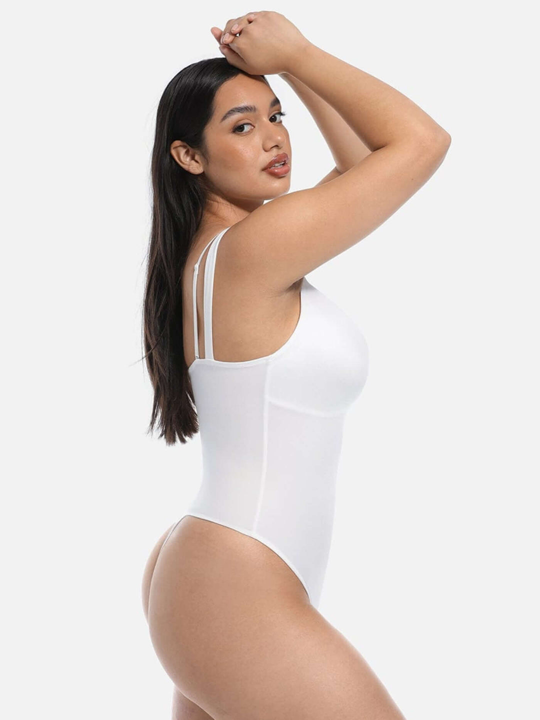 lace V-neck shaping bodysuit white thong T-back waist and abdomen shapewear for a smooth seamless fit