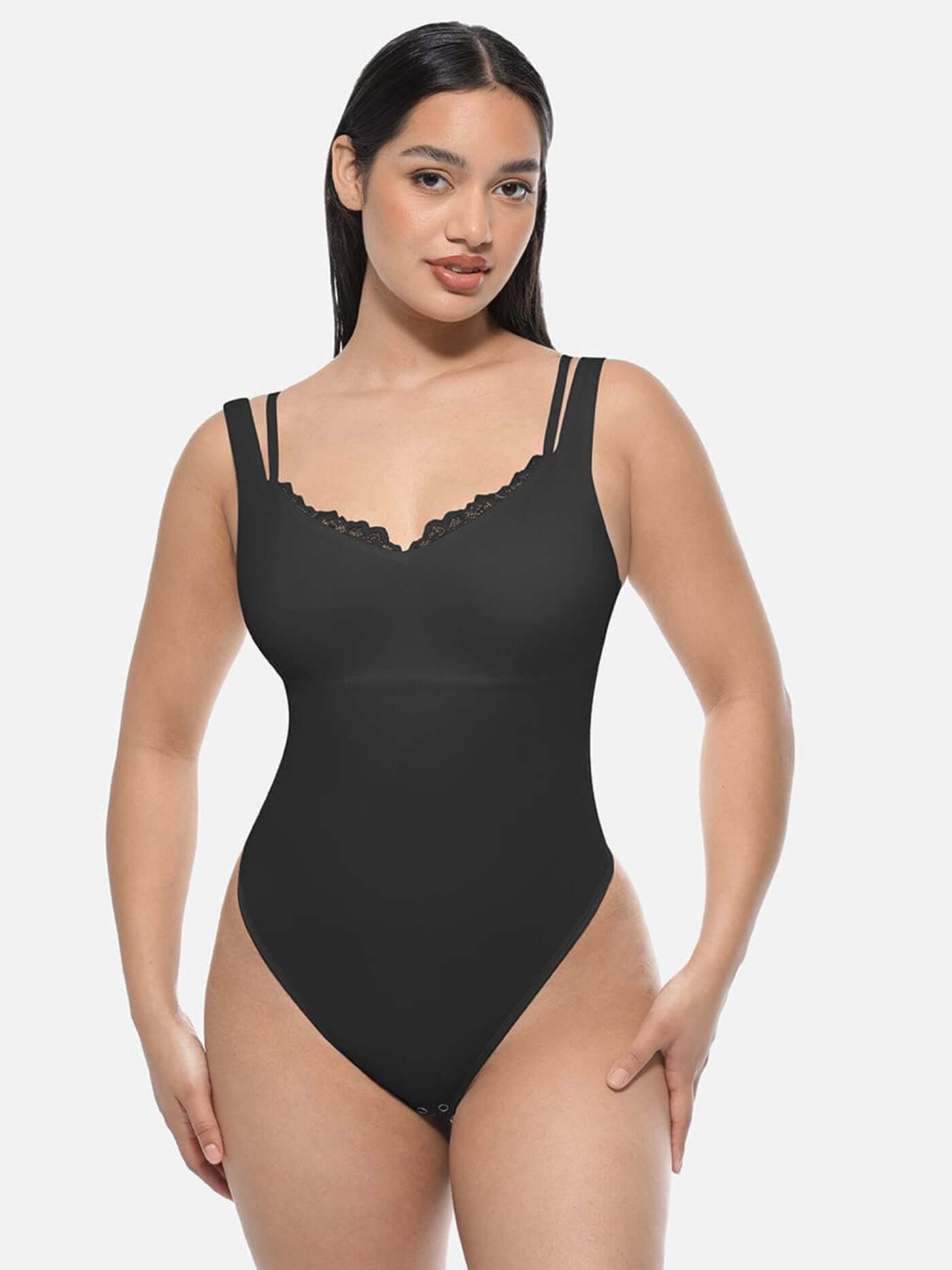 lace V-neck shaping bodysuit black shapewear with lace trim, T-back thong fit for waist and abdomen control