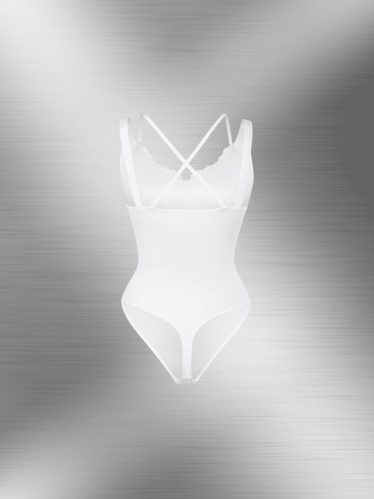 lace V-neck shaping bodysuit with T-back thong design and lace trim for seamless waist and abdomen shaping