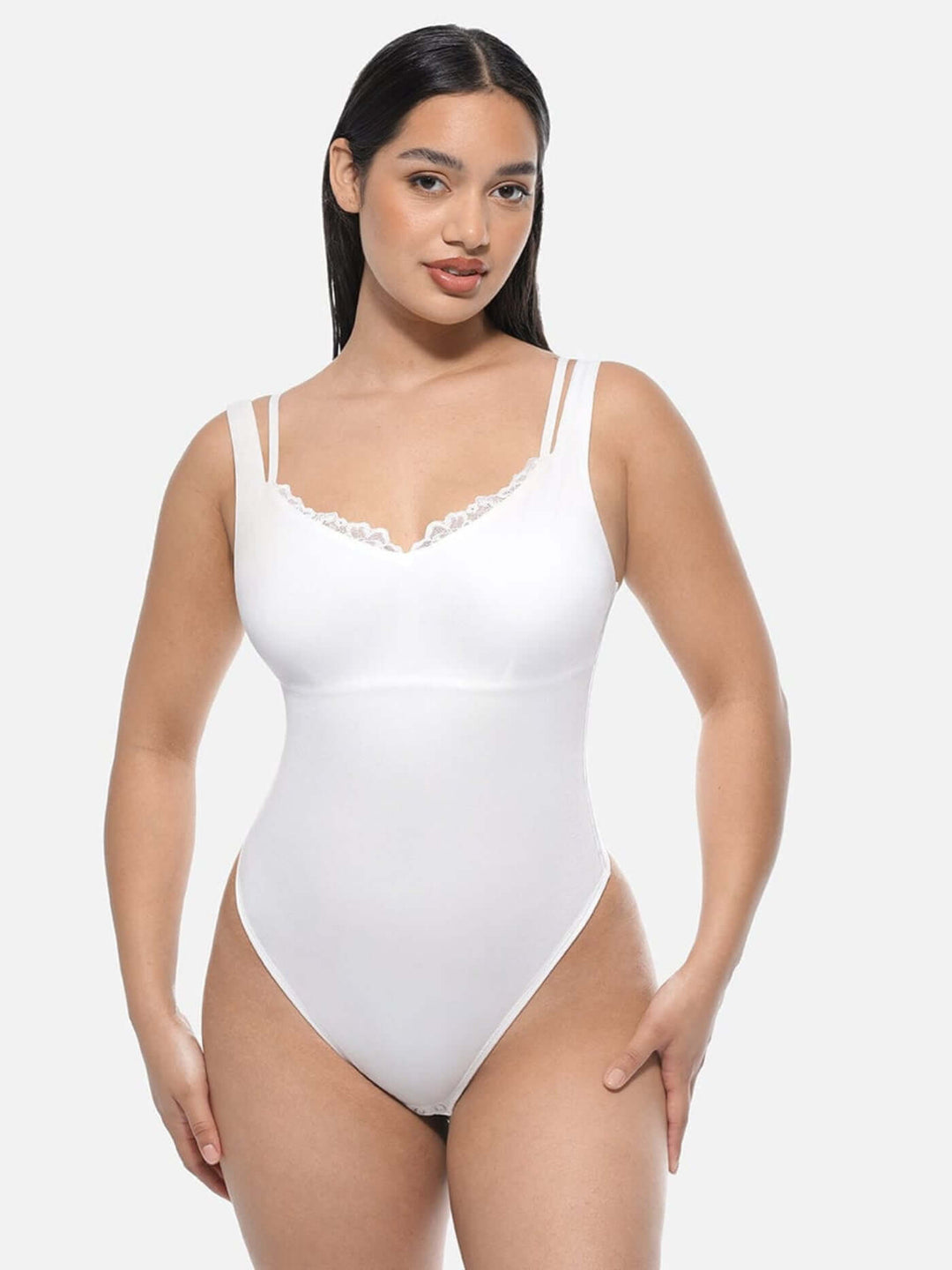 Lace V-neck shaping bodysuit with T-back thong, double straps, and smooth white mesh for seamless waist and abdomen support