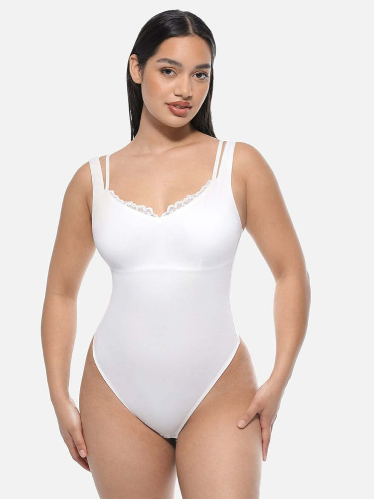 Lace V-neck shaping bodysuit with T-back thong, double straps, and smooth white mesh for seamless waist and abdomen support