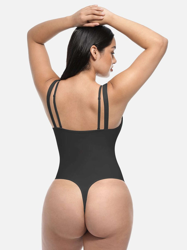lace V-neck shaping bodysuit, black thong T-back shapewear with lace trim and seamless waist control