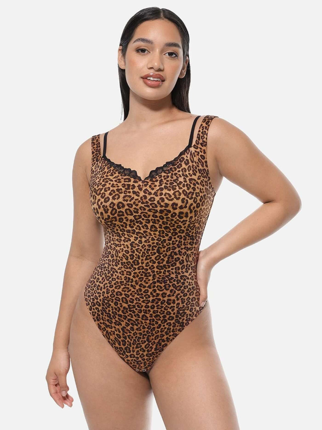 lace V-neck shaping bodysuit in leopard print with lace trim and thong T-back, waist and abdomen shaping