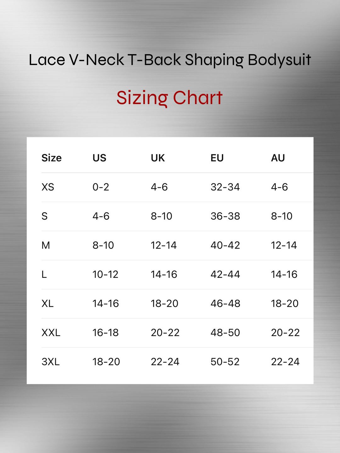 Lace V-neck shaping bodysuit sizing chart with size conversions for US, UK, EU, and AU