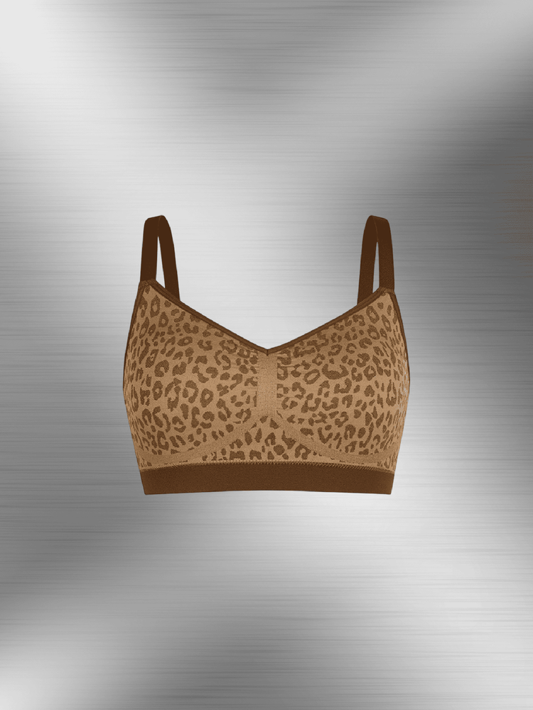 Leopard print seamless bust support bra with adjustable straps, under-bust support, and smooth lift for a fierce fit