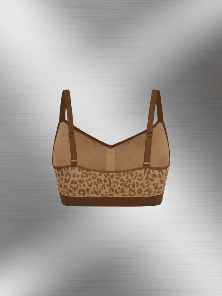 Leopard print seamless bust support bra with under-bust support band and adjustable straps for secure lift and smooth fit