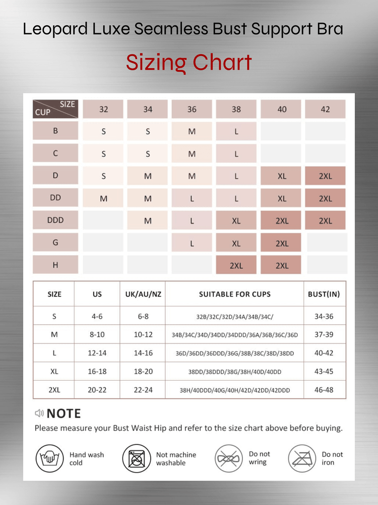 Leopard Luxe seamless bust support bra sizing chart with cup and bust measurements for accurate fit