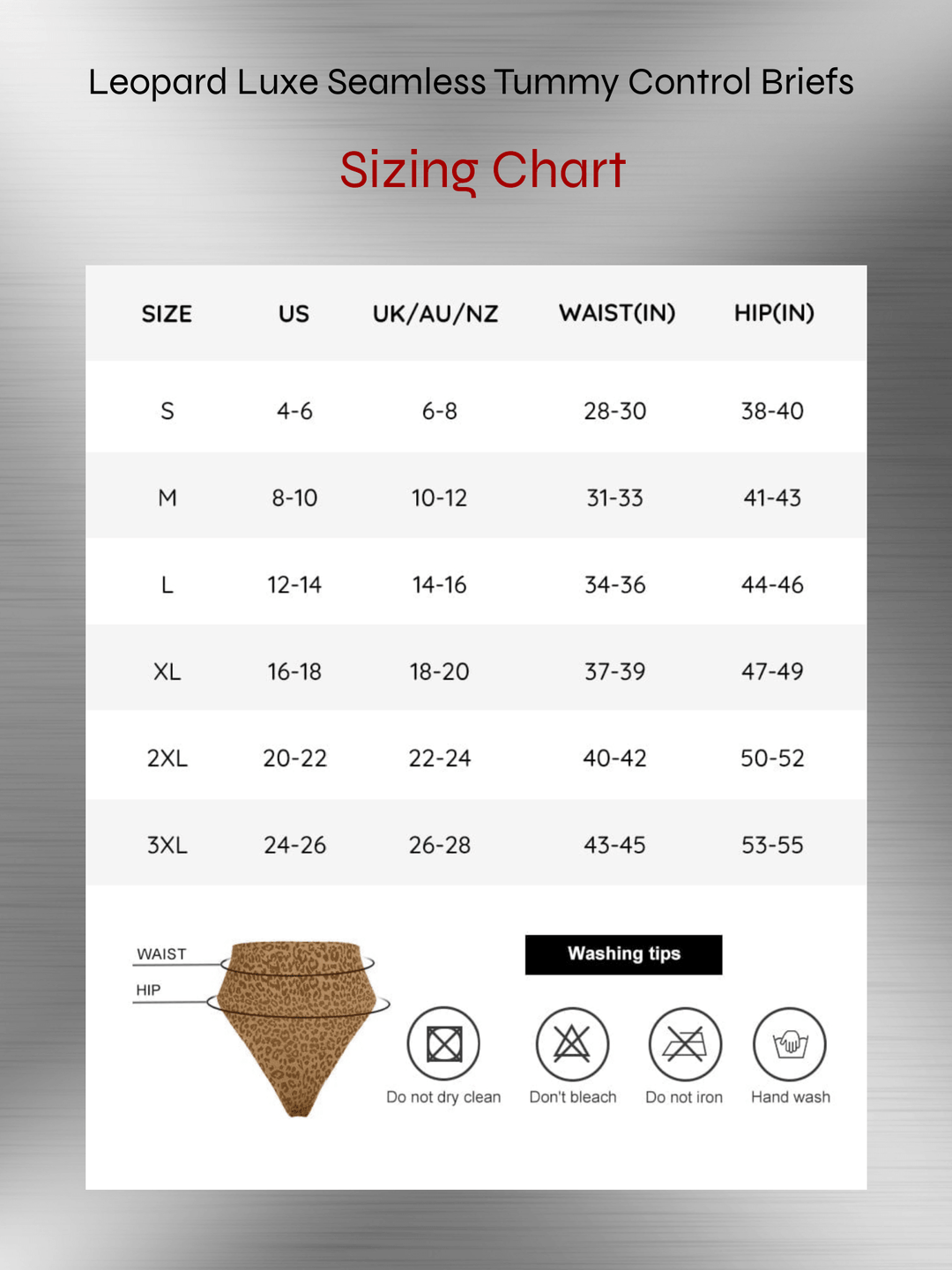 Leopard Luxe seamless tummy control briefs sizing chart with size, waist, hip measurements and washing tips